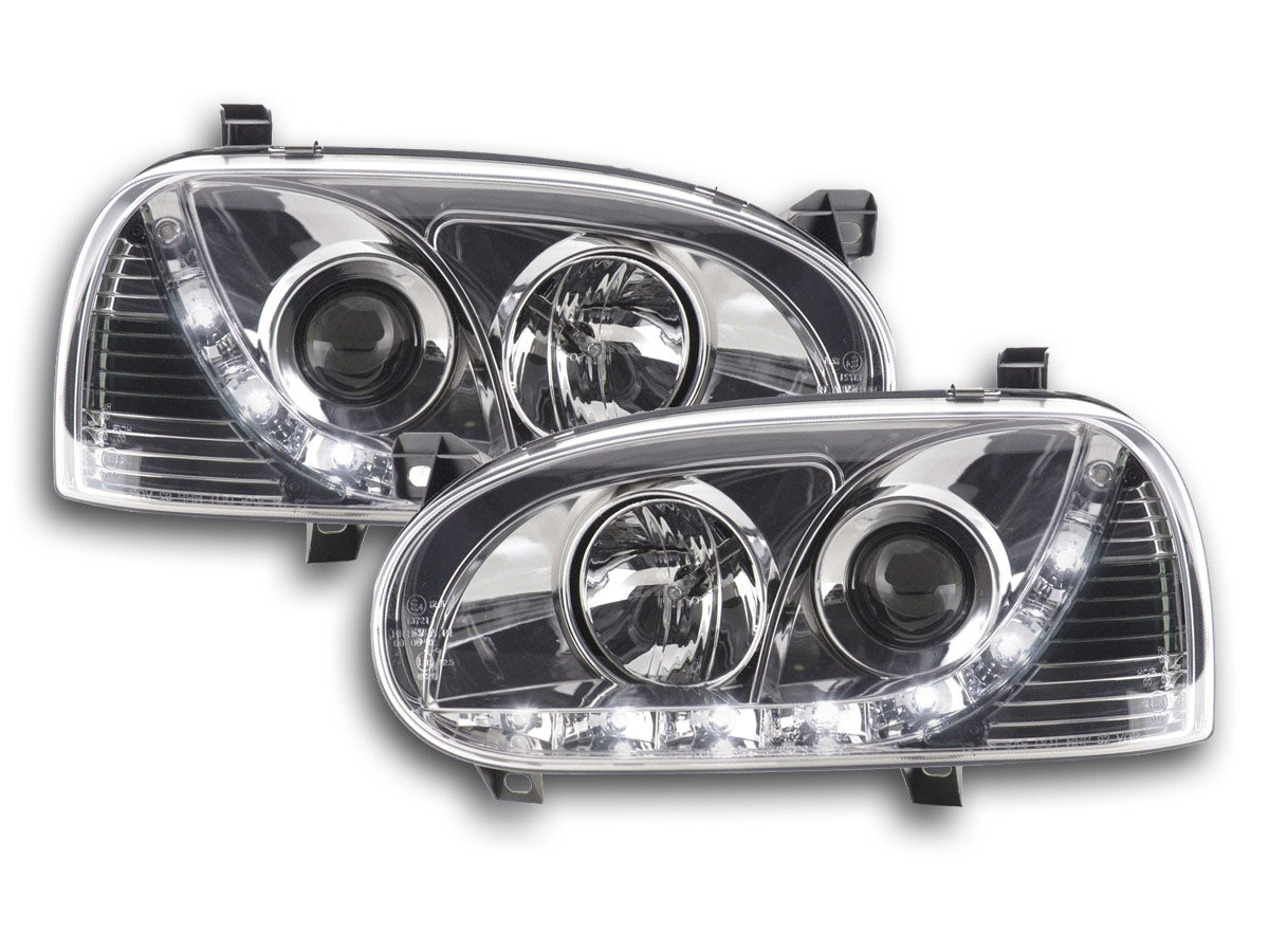 Scheinwerfer Set Daylight LED TFL-Optik VW Golf 4 Typ 1J 98-03 chrom Scheinwerfer Set Daylight LED TFL-Optik VW Golf 4 Typ 1J 98-03 chrom
